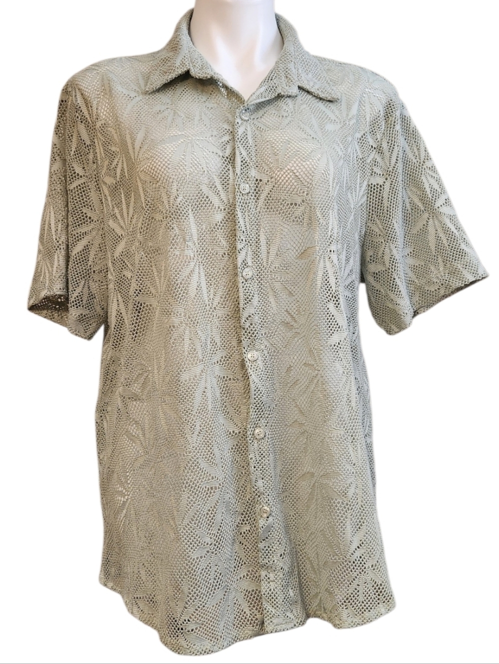 Jogal Men's Short-Sleeve Button-Up Shirt in Light Green Mesh Leaf Large‎